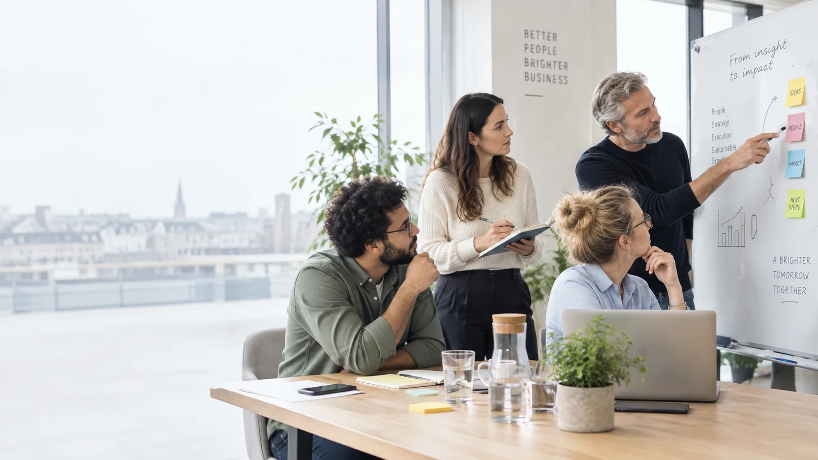 Szakmai csapat közös workshopon egy világos irodában.