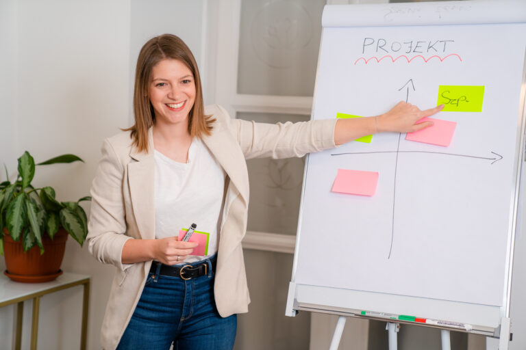 Szinergia tréner projektmenedzsment képzésen, flipchart előtt